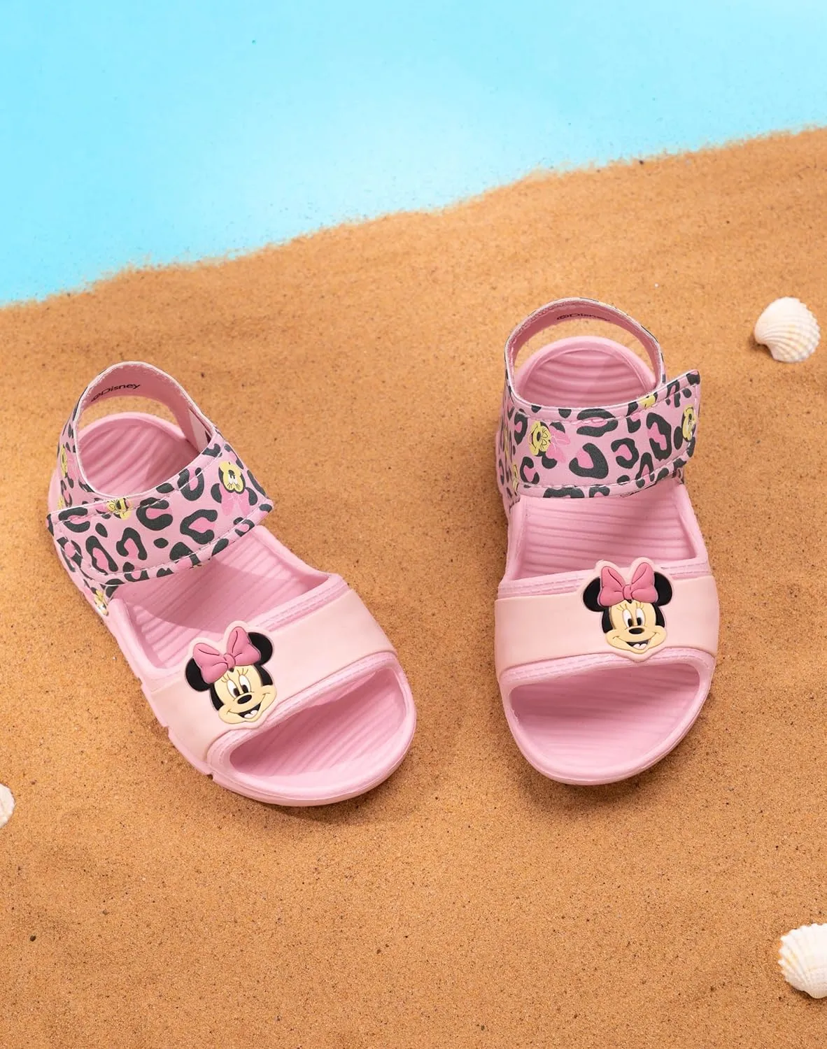 Disney Minnie Mouse Kids Sandals | Girls Leopard Print Sliders with Supportive Strap for Toddlers | Pink Slip-on Footwear