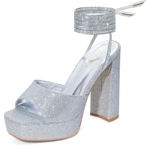 Elisabet Tang Women Strappy Heeled Sandals,4.7-Inch Lace Up Chunky Platform High Heels with Open Square Toes for Block Dressy Fashion Shoes at Prom