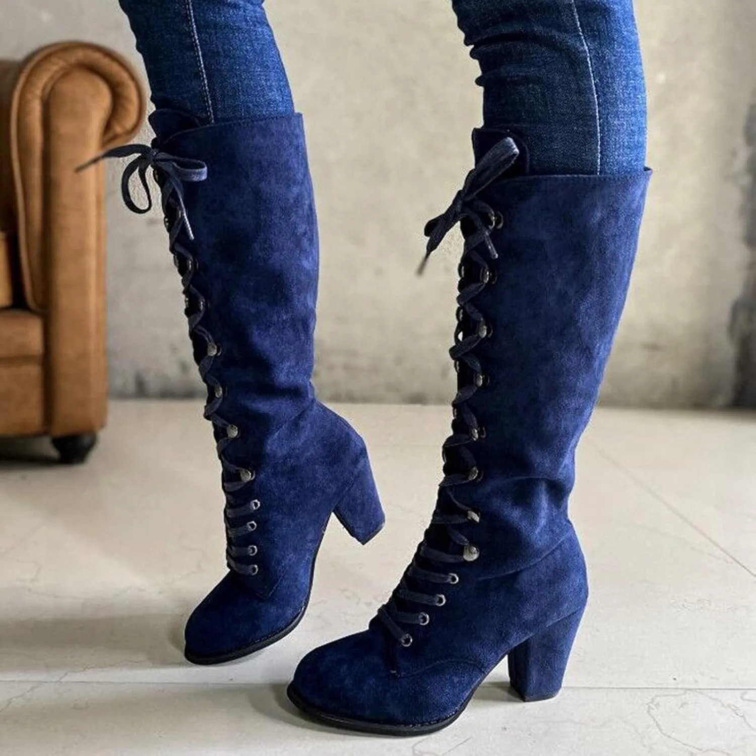 Fall Boots for Women 2023 Cowboy Boots Vintage Knee High Boots Lace Up Boots Chunky Heels Gothic Mid Calf Boots Retro