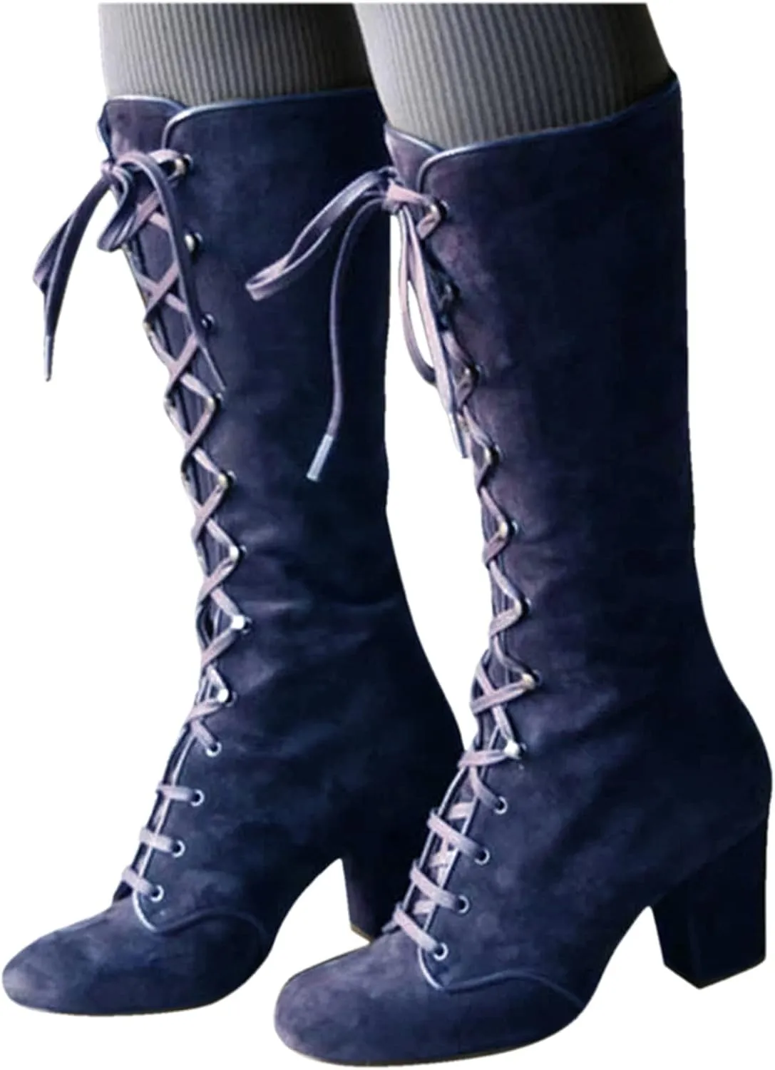 Fall Boots for Women 2023 Cowboy Boots Vintage Knee High Boots Lace Up Boots Chunky Heels Gothic Mid Calf Boots Retro