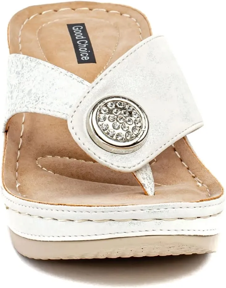 G.C. Shoes Dafni Wedge Sandals - Cushioned Footbed Rhinestone Detailing in Faux Leather with Rubber Sole