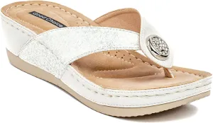 G.C. Shoes Dafni Wedge Sandals - Cushioned Footbed Rhinestone Detailing in Faux Leather with Rubber Sole