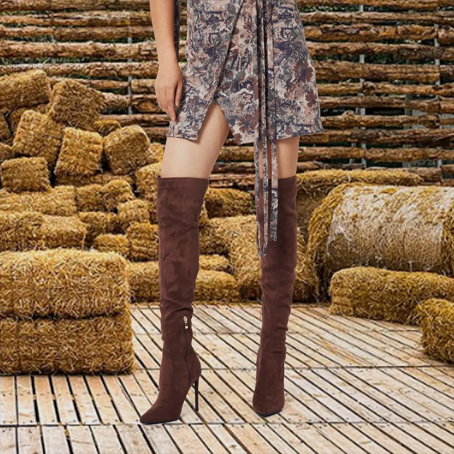 GENSHUO Over the Knee Boots for Women with Heel Suede Thigh High Boots Stretch Sexy Pointed Toe Stiletto Long Boot Shoes