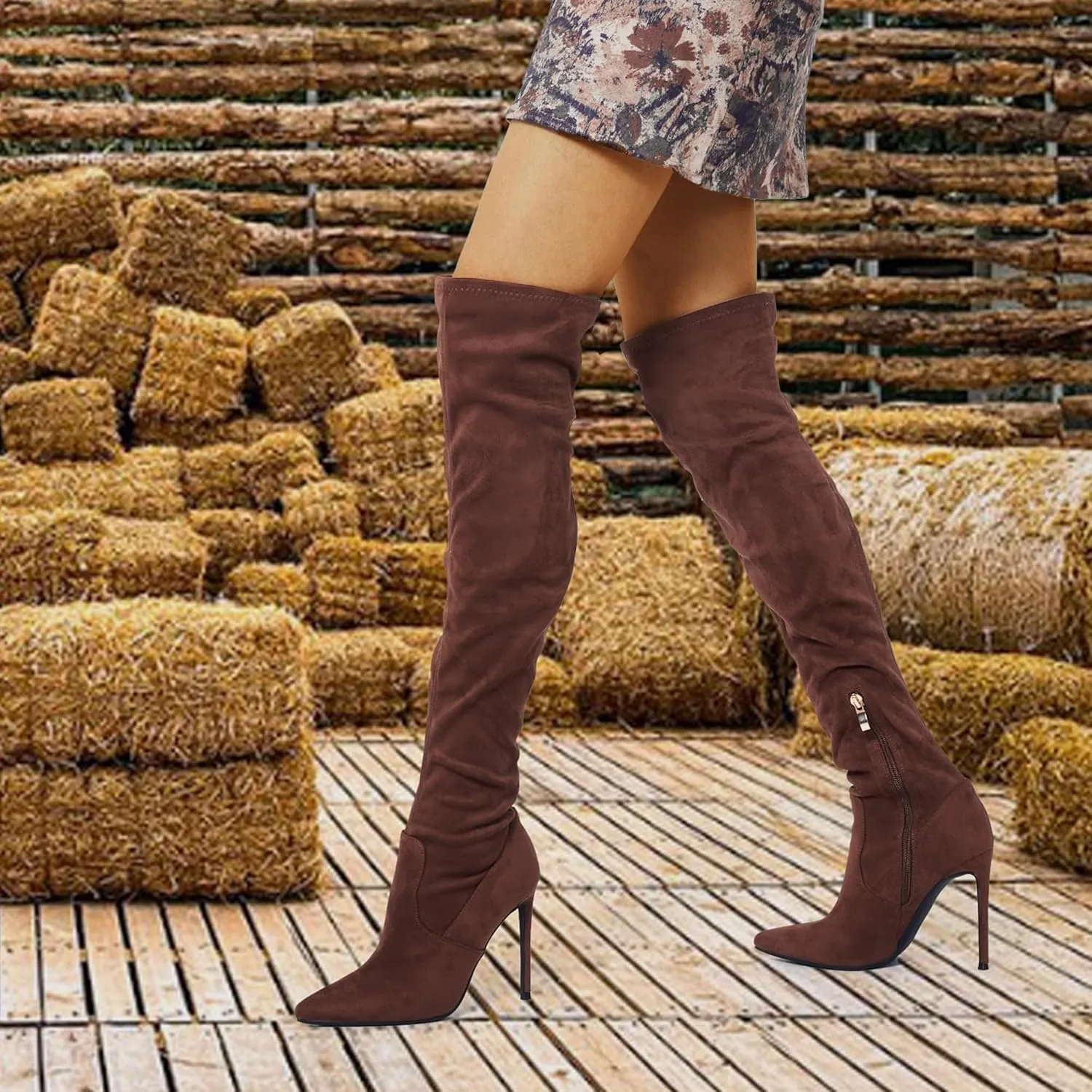 GENSHUO Over the Knee Boots for Women with Heel Suede Thigh High Boots Stretch Sexy Pointed Toe Stiletto Long Boot Shoes