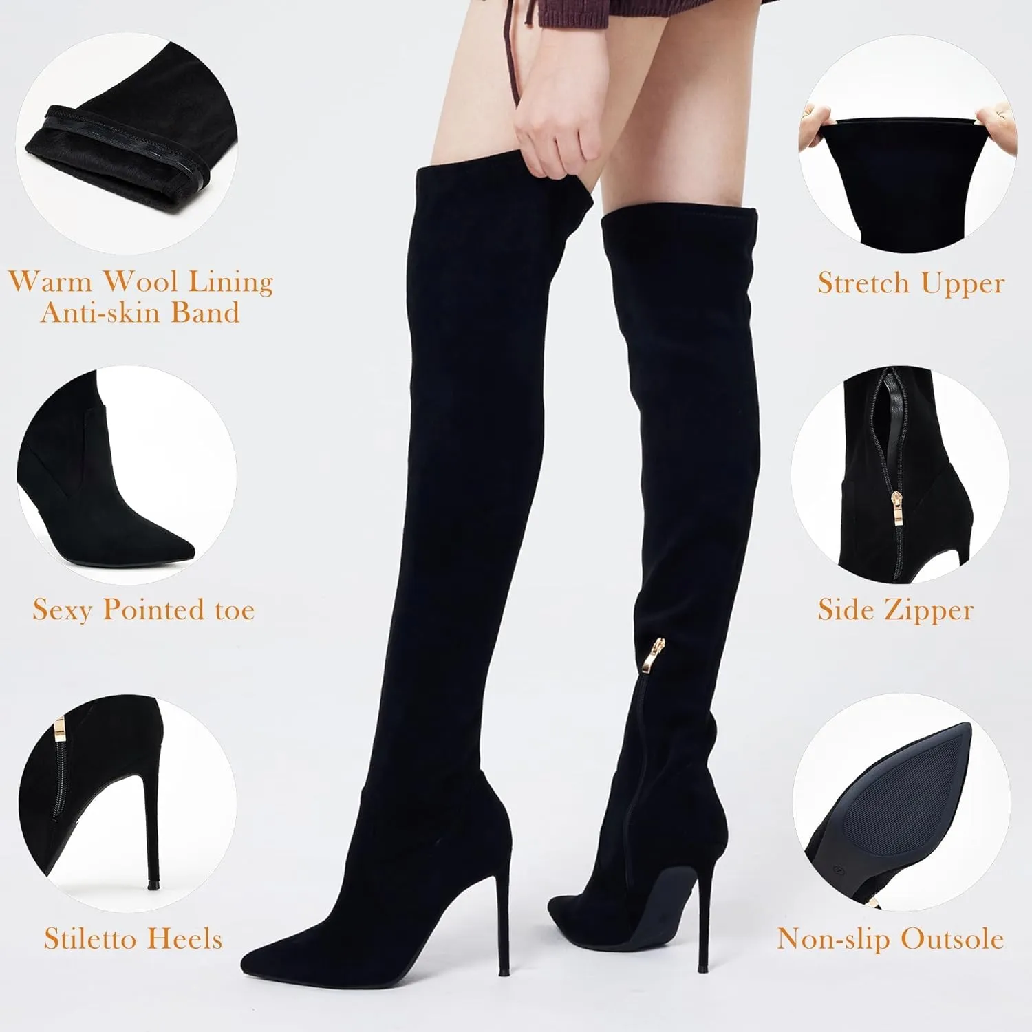 GENSHUO Over the Knee Boots for Women with Heel Suede Thigh High Boots Stretch Sexy Pointed Toe Stiletto Long Boot Shoes