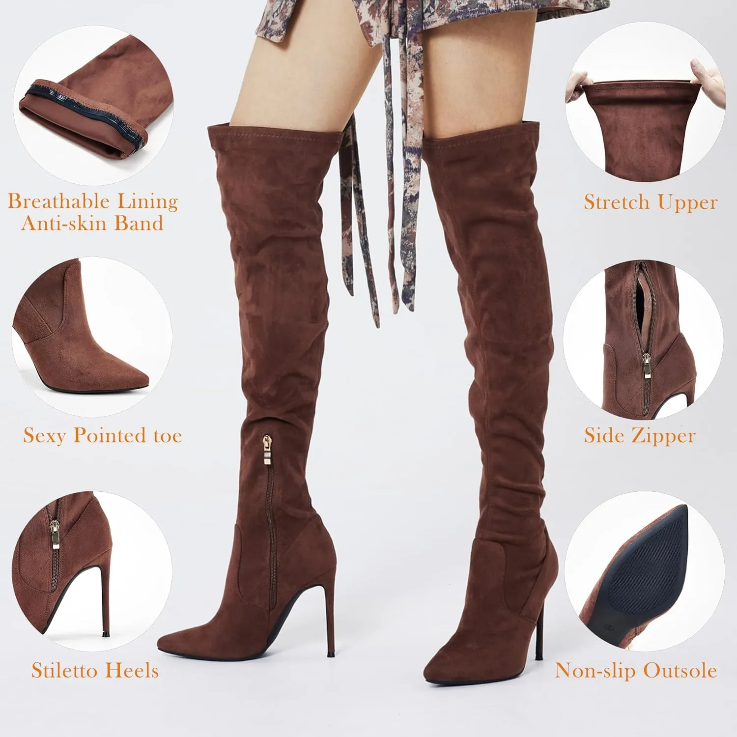 GENSHUO Over the Knee Boots for Women with Heel Suede Thigh High Boots Stretch Sexy Pointed Toe Stiletto Long Boot Shoes