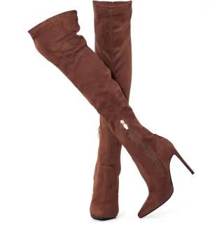 GENSHUO Over the Knee Boots for Women with Heel Suede Thigh High Boots Stretch Sexy Pointed Toe Stiletto Long Boot Shoes