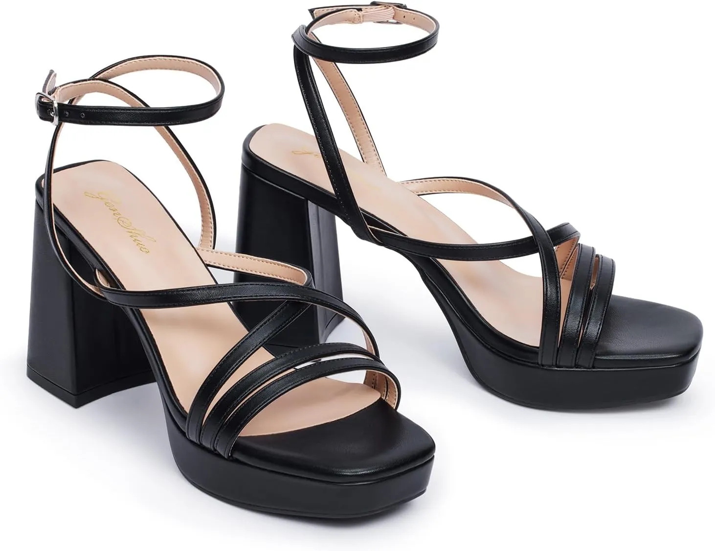 GENSHUO Women's Chunky Platform High Heel Sandals with Ankle Strap and Open Square Toe - 4 Inches Heels