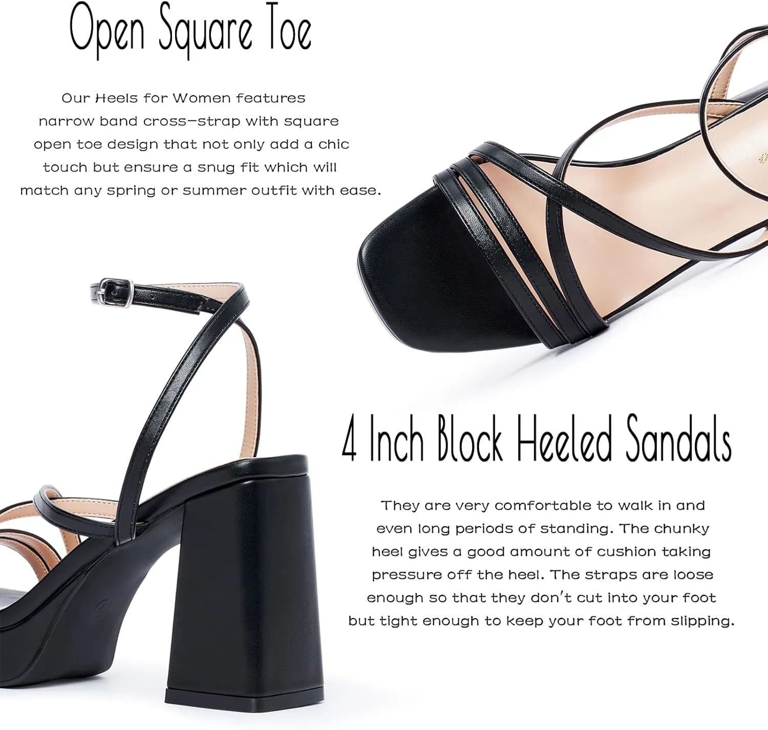 GENSHUO Women's Chunky Platform High Heel Sandals with Ankle Strap and Open Square Toe - 4 Inches Heels