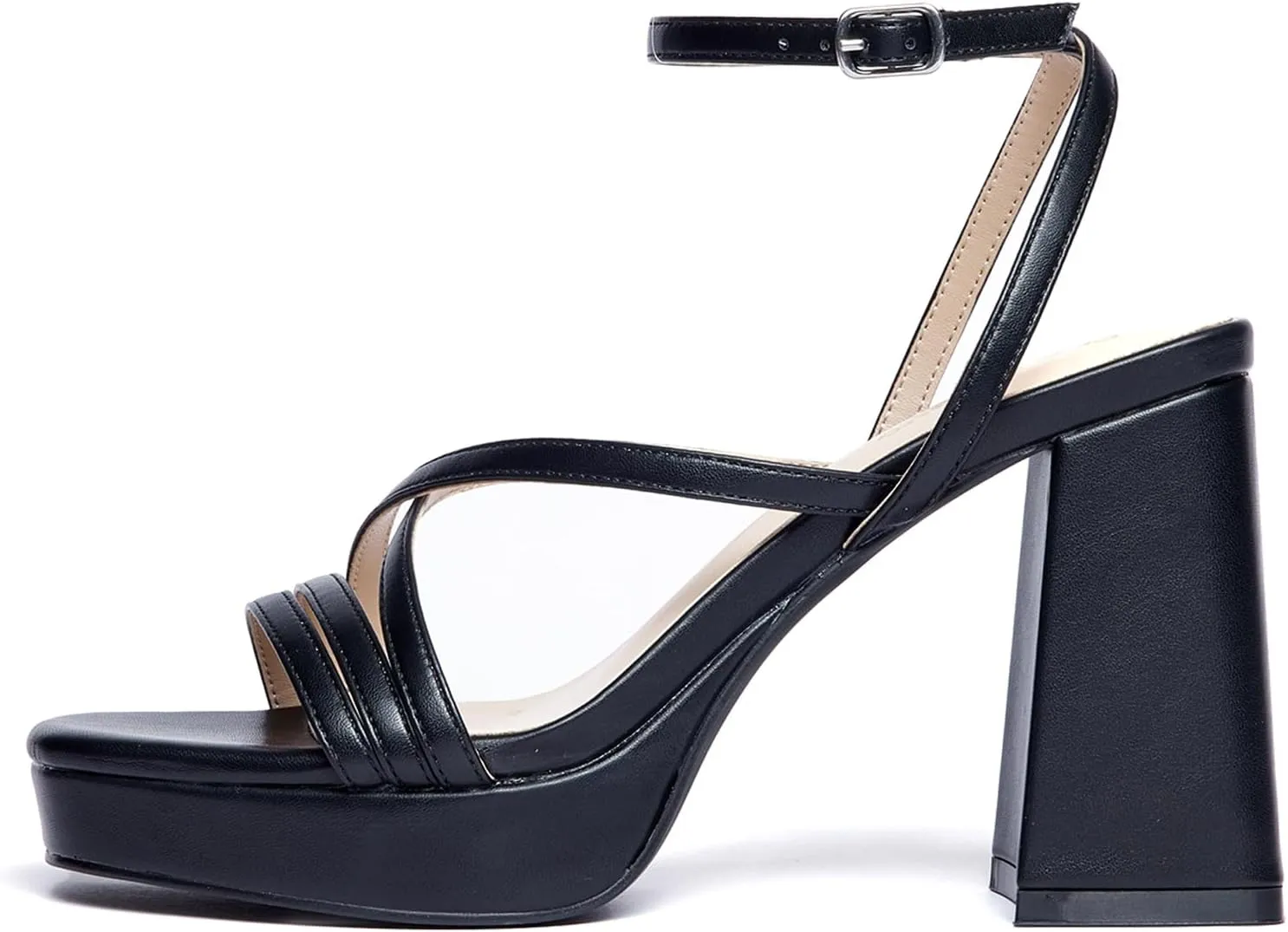 GENSHUO Women's Chunky Platform High Heel Sandals with Ankle Strap and Open Square Toe - 4 Inches Heels