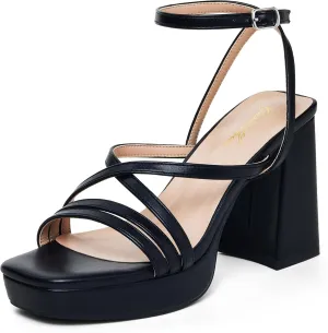 GENSHUO Women's Chunky Platform High Heel Sandals with Ankle Strap and Open Square Toe - 4 Inches Heels