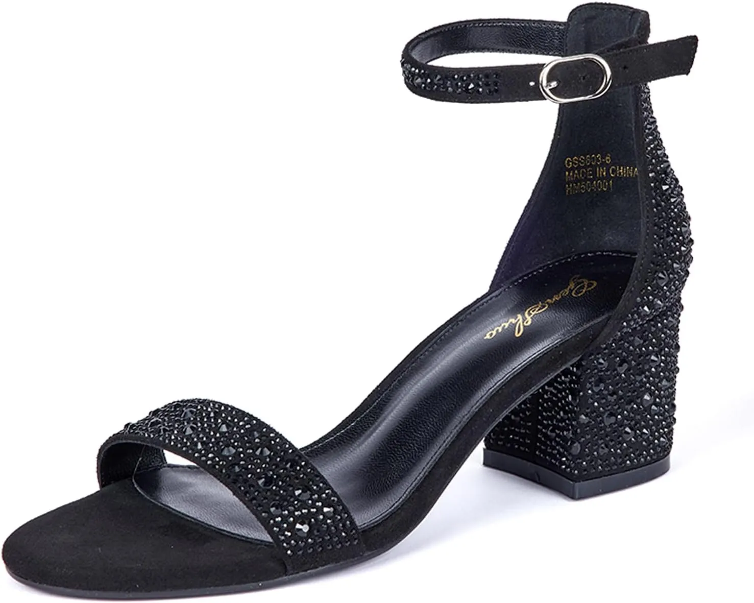 GENSHUO Women's Low Kitten Heel Sandals Strappy Open Square Toe Dress Heels Comfortable Sexy Cute Ankle Strap Wedding Party Prom Summer Heeled Shoes