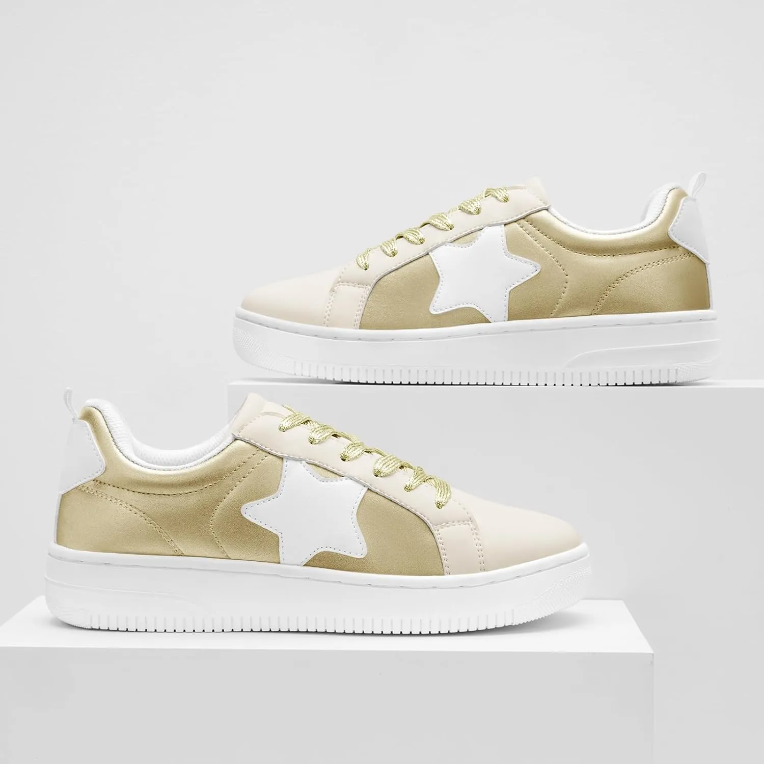 HEEZ Womens Platform Sneakers Fashion Star Tennis Shoes Lace Up Glitter Comfortable Walking Shoes