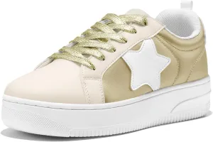 HEEZ Womens Platform Sneakers Fashion Star Tennis Shoes Lace Up Glitter Comfortable Walking Shoes