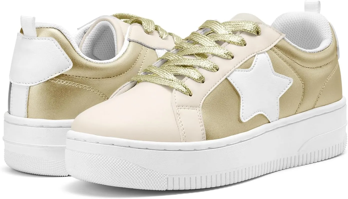 HEEZ Womens Platform Sneakers Fashion Star Tennis Shoes Lace Up Glitter Comfortable Walking Shoes