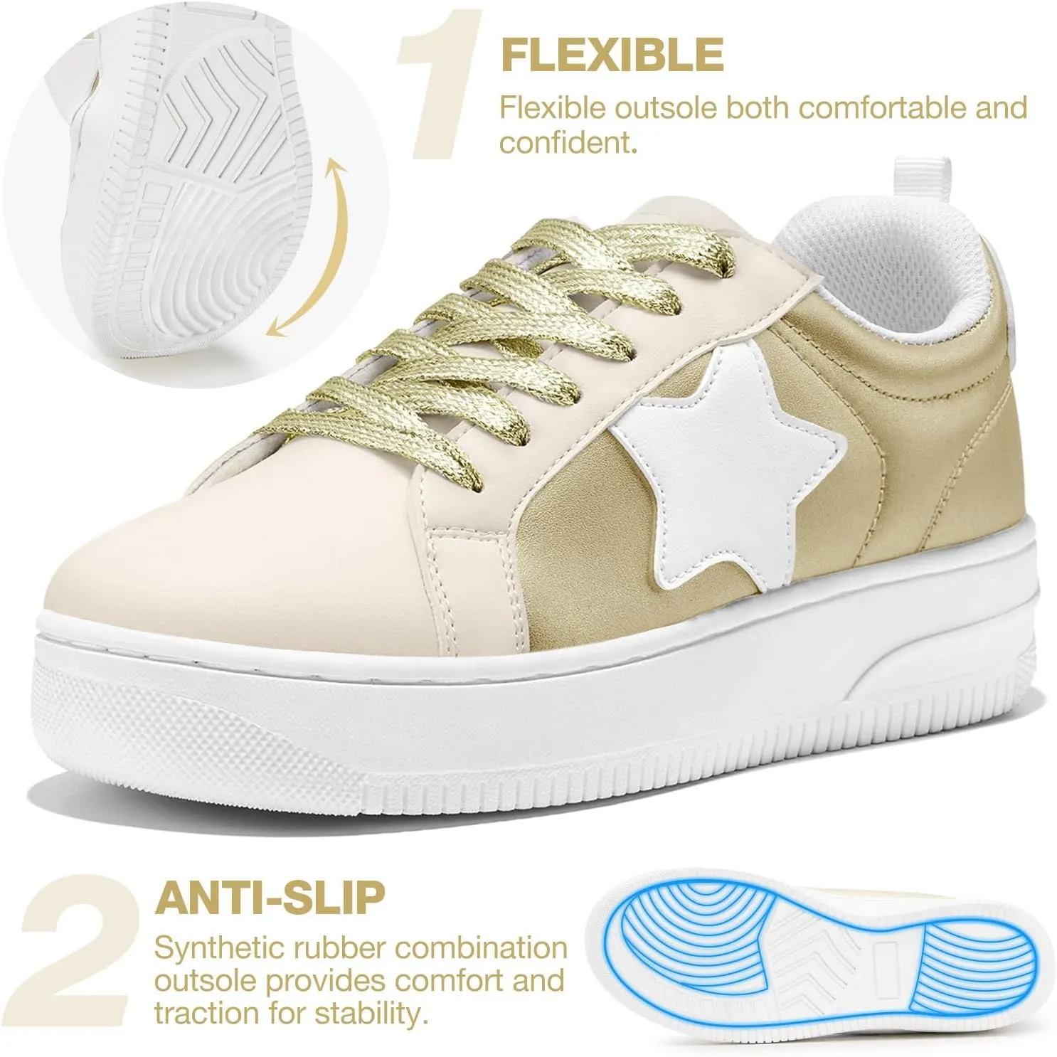HEEZ Womens Platform Sneakers Fashion Star Tennis Shoes Lace Up Glitter Comfortable Walking Shoes
