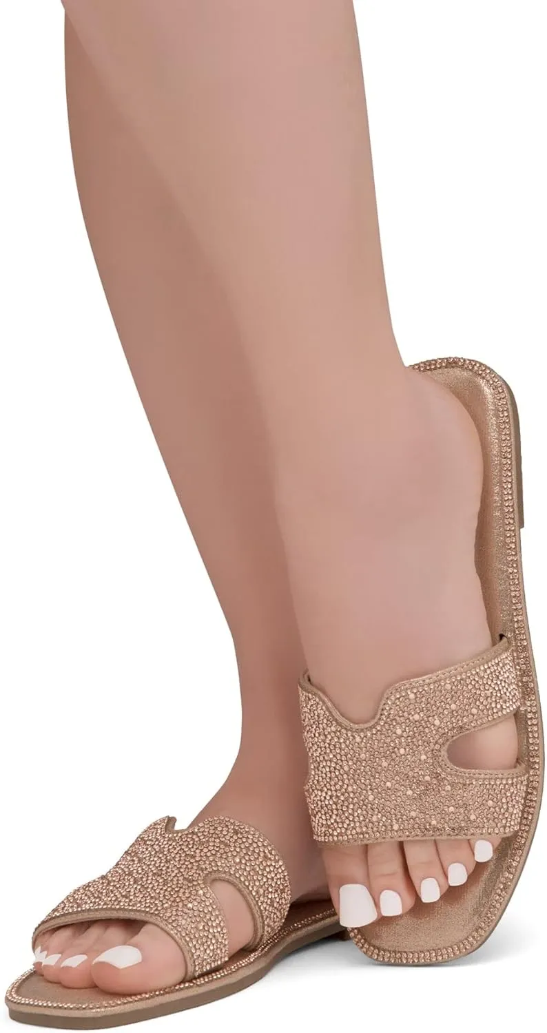 Herstyle Showstopper Women's Flat Sandals, Fashion Rhinestone Slides, Open Toe Slip-On Slippers with Cushioned Footbed, Casual Bling Sandals for Summer and Daily Wear