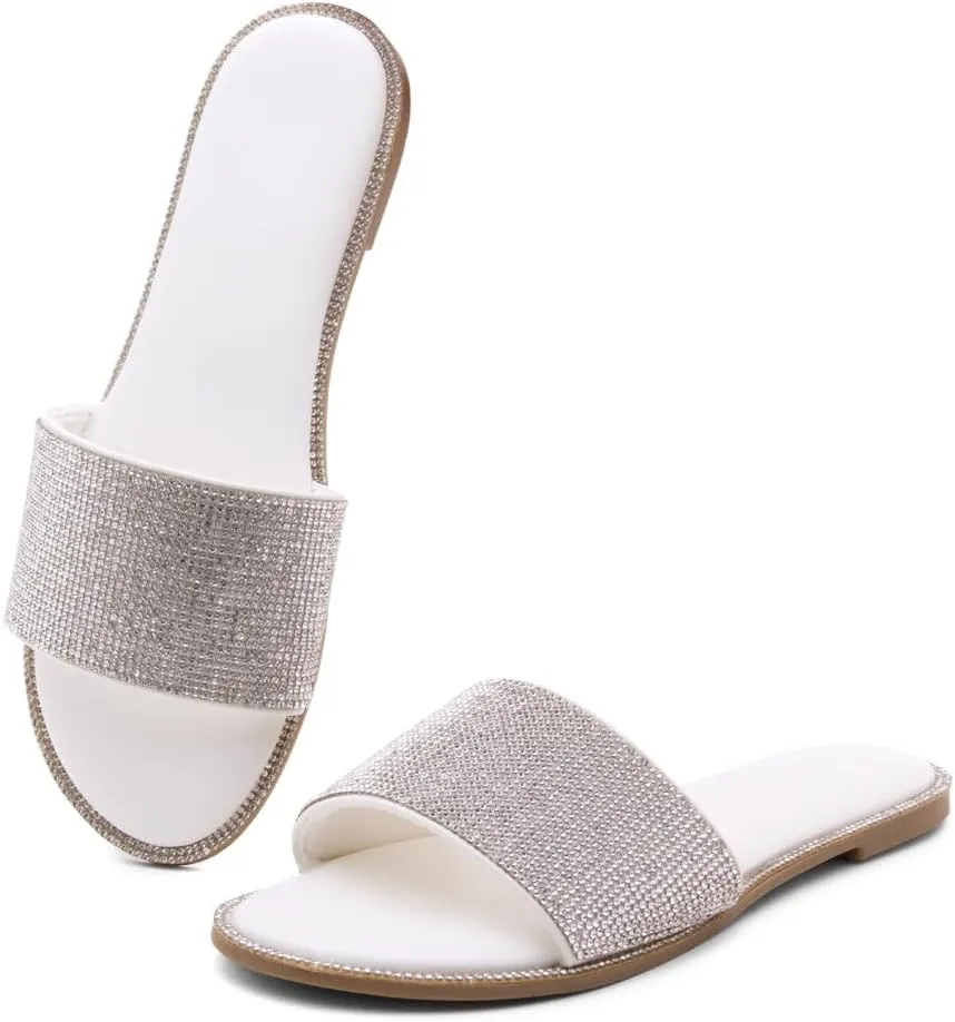 Herstyle Showstopper Women's Flat Sandals, Fashion Rhinestone Slides, Open Toe Slip-On Slippers with Cushioned Footbed, Casual Bling Sandals for Summer and Daily Wear