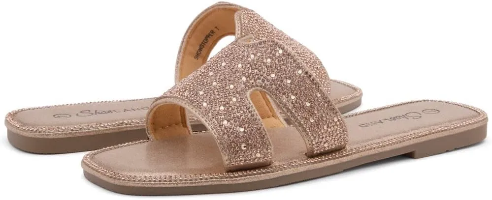 Herstyle Showstopper Women's Flat Sandals, Fashion Rhinestone Slides, Open Toe Slip-On Slippers with Cushioned Footbed, Casual Bling Sandals for Summer and Daily Wear