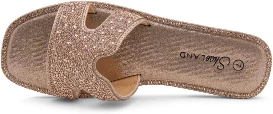 Herstyle Showstopper Women's Flat Sandals, Fashion Rhinestone Slides, Open Toe Slip-On Slippers with Cushioned Footbed, Casual Bling Sandals for Summer and Daily Wear