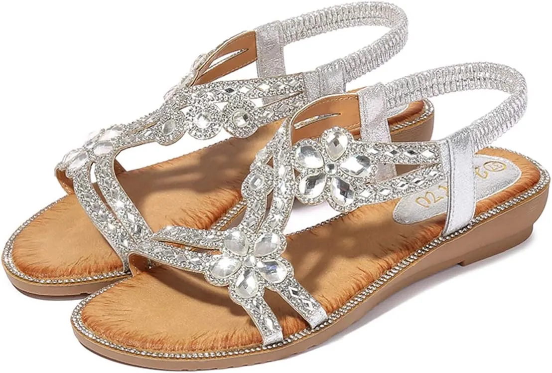 HNGHOU Womens Summer Sandals Comfort Flats Shoes Casual Open Toe Ankle Crystal Bohemia Beach sandals