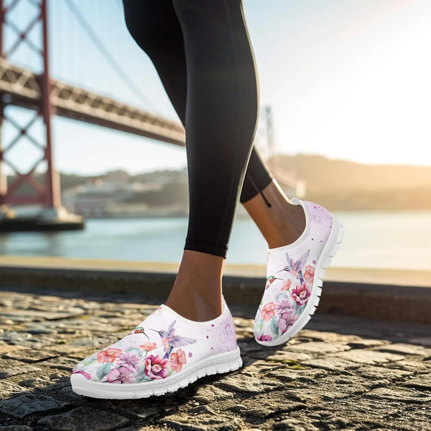 Hummingbird Floral Print Lightweight Walking Shoes for Women Mesh Casual Sneakers Size 5-10.5