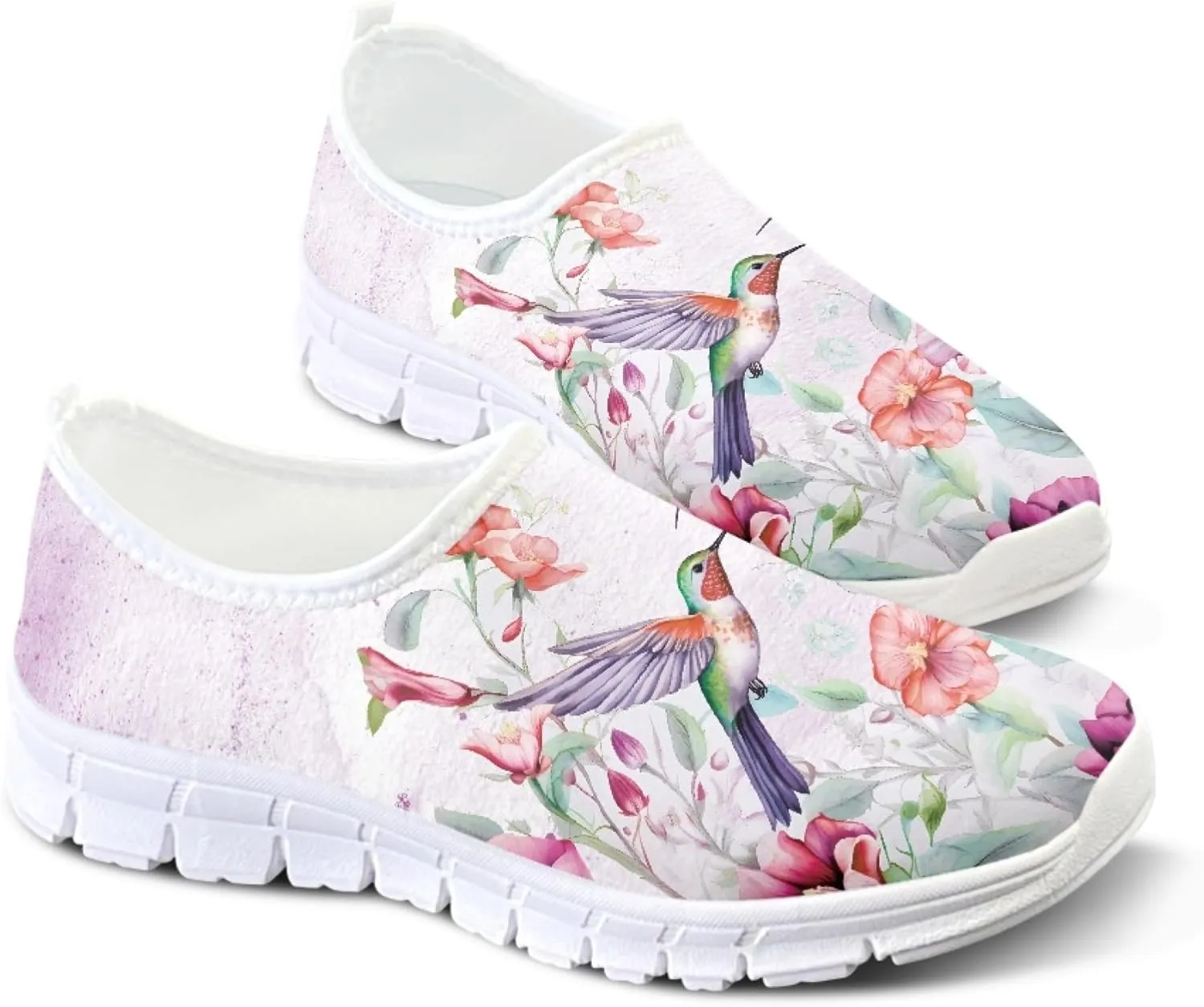 Hummingbird Floral Print Lightweight Walking Shoes for Women Mesh Casual Sneakers Size 5-10.5