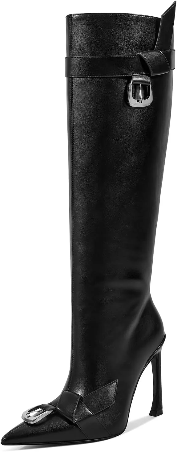 ISNOM Knee High Boots Women Tall Boots Pointed Toe Stiletto High Heel Metal Buckle Side Zipper Wide Calf Long Boots for Women Sexy Fashion Party