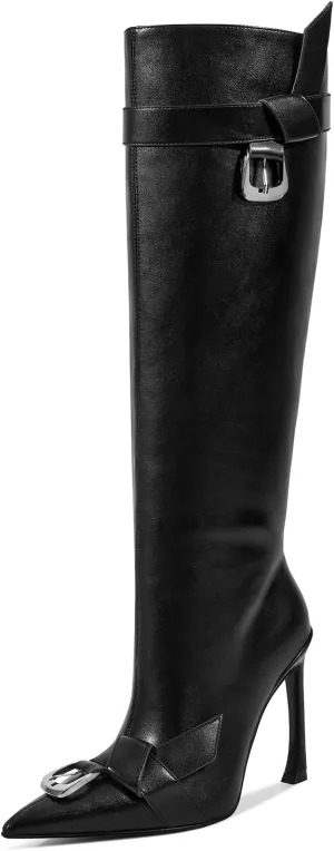 ISNOM Knee High Boots Women Tall Boots Pointed Toe Stiletto High Heel Metal Buckle Side Zipper Wide Calf Long Boots for Women Sexy Fashion Party