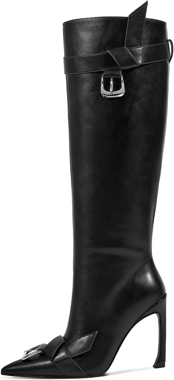 ISNOM Knee High Boots Women Tall Boots Pointed Toe Stiletto High Heel Metal Buckle Side Zipper Wide Calf Long Boots for Women Sexy Fashion Party