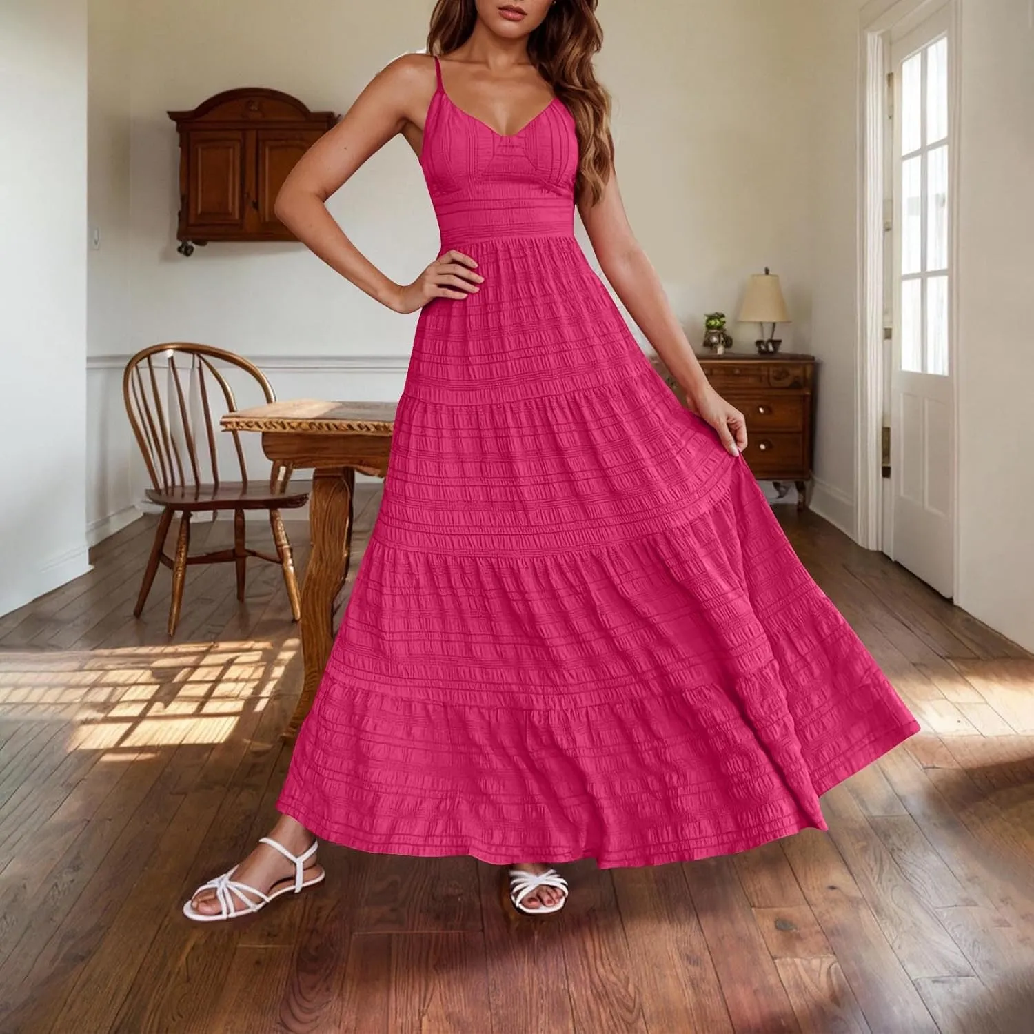 JOAU Women's Summer Smocked Cami Maxi Dress Boho V Neck Spaghetti Strap Tie Bowknot Back A Line Flowy Beach Long Sundress