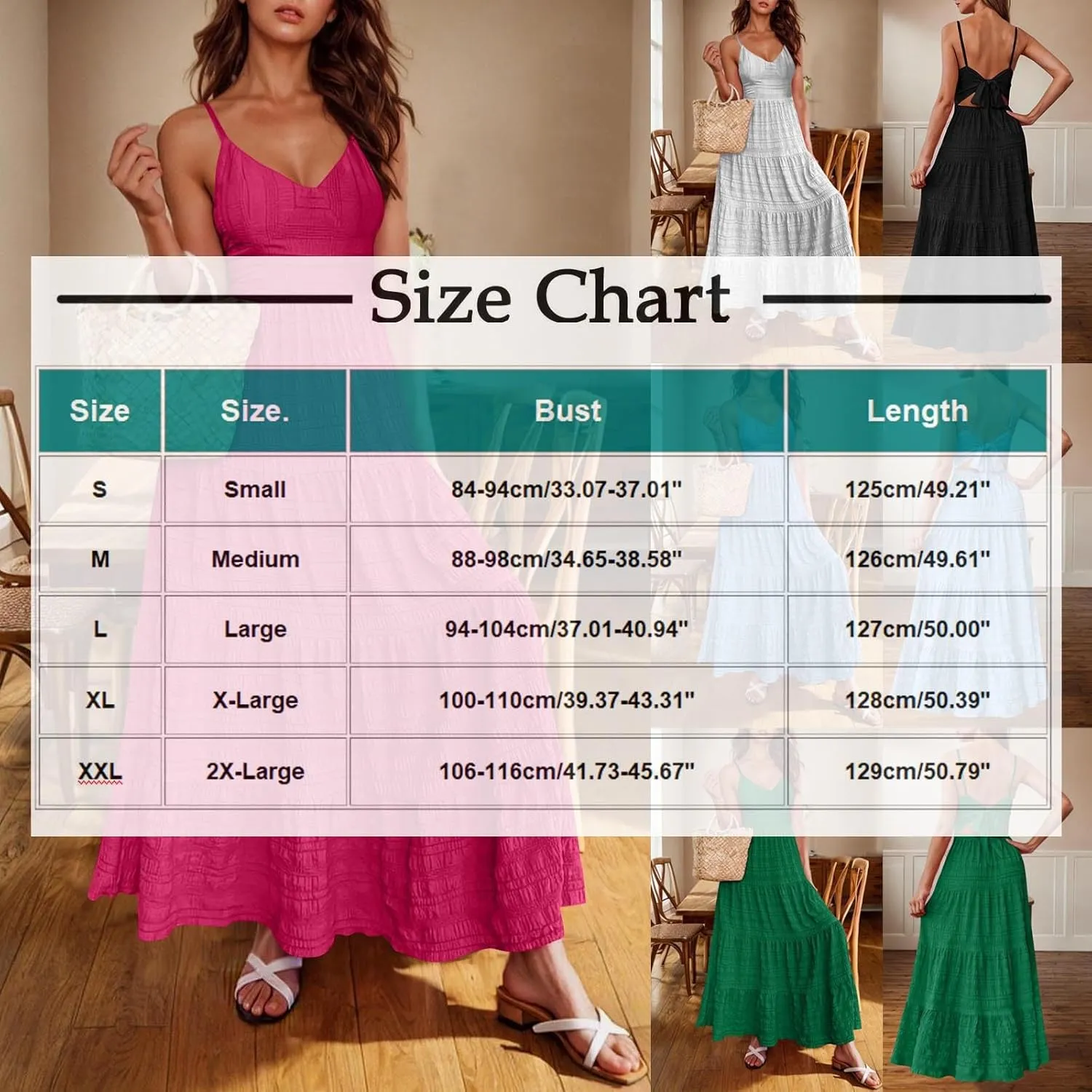 JOAU Women's Summer Smocked Cami Maxi Dress Boho V Neck Spaghetti Strap Tie Bowknot Back A Line Flowy Beach Long Sundress