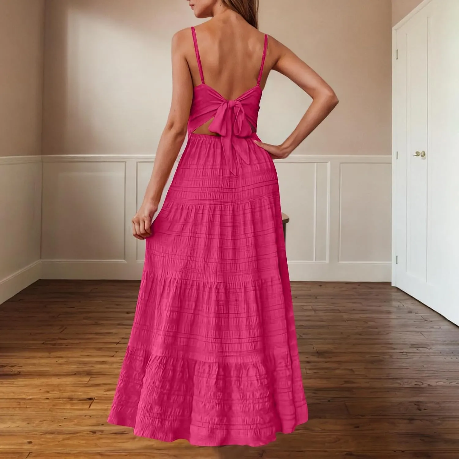 JOAU Women's Summer Smocked Cami Maxi Dress Boho V Neck Spaghetti Strap Tie Bowknot Back A Line Flowy Beach Long Sundress