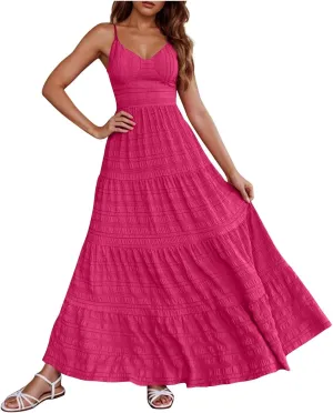 JOAU Women's Summer Smocked Cami Maxi Dress Boho V Neck Spaghetti Strap Tie Bowknot Back A Line Flowy Beach Long Sundress