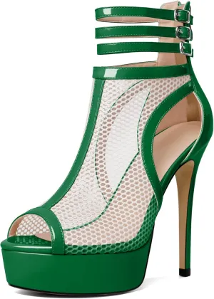 Joseywade Women Mesh Fishnet Dance Heels Peep Toe Booties Sexy Summer Boots Platform Stiletto High Heels Shoes With Zipper