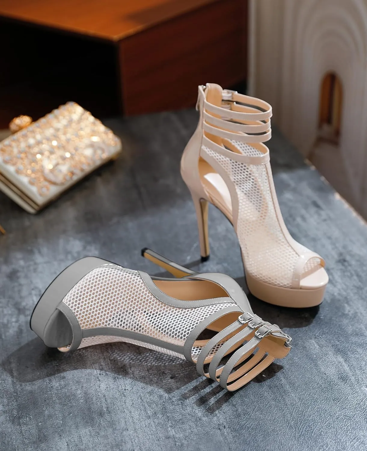 Joseywade Women Mesh Fishnet Dance Heels Peep Toe Booties Sexy Summer Boots Platform Stiletto High Heels Shoes With Zipper
