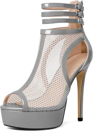 Joseywade Women Mesh Fishnet Dance Heels Peep Toe Booties Sexy Summer Boots Platform Stiletto High Heels Shoes With Zipper