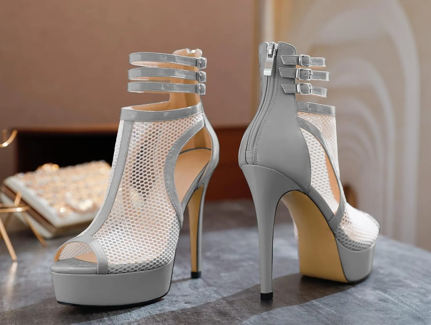 Joseywade Women Mesh Fishnet Dance Heels Peep Toe Booties Sexy Summer Boots Platform Stiletto High Heels Shoes With Zipper