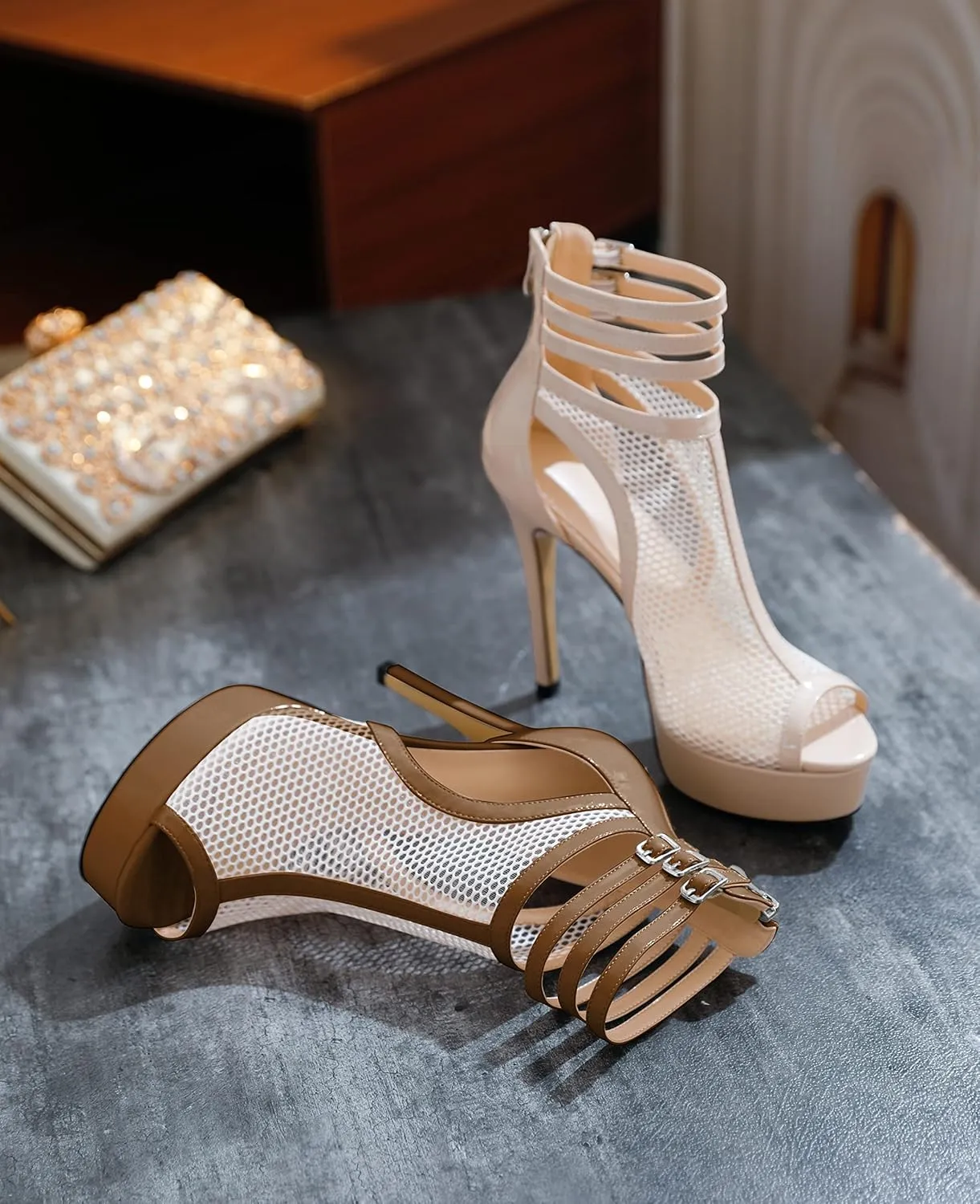 Joseywade Women Mesh Fishnet Dance Heels Peep Toe Booties Sexy Summer Boots Platform Stiletto High Heels Shoes With Zipper