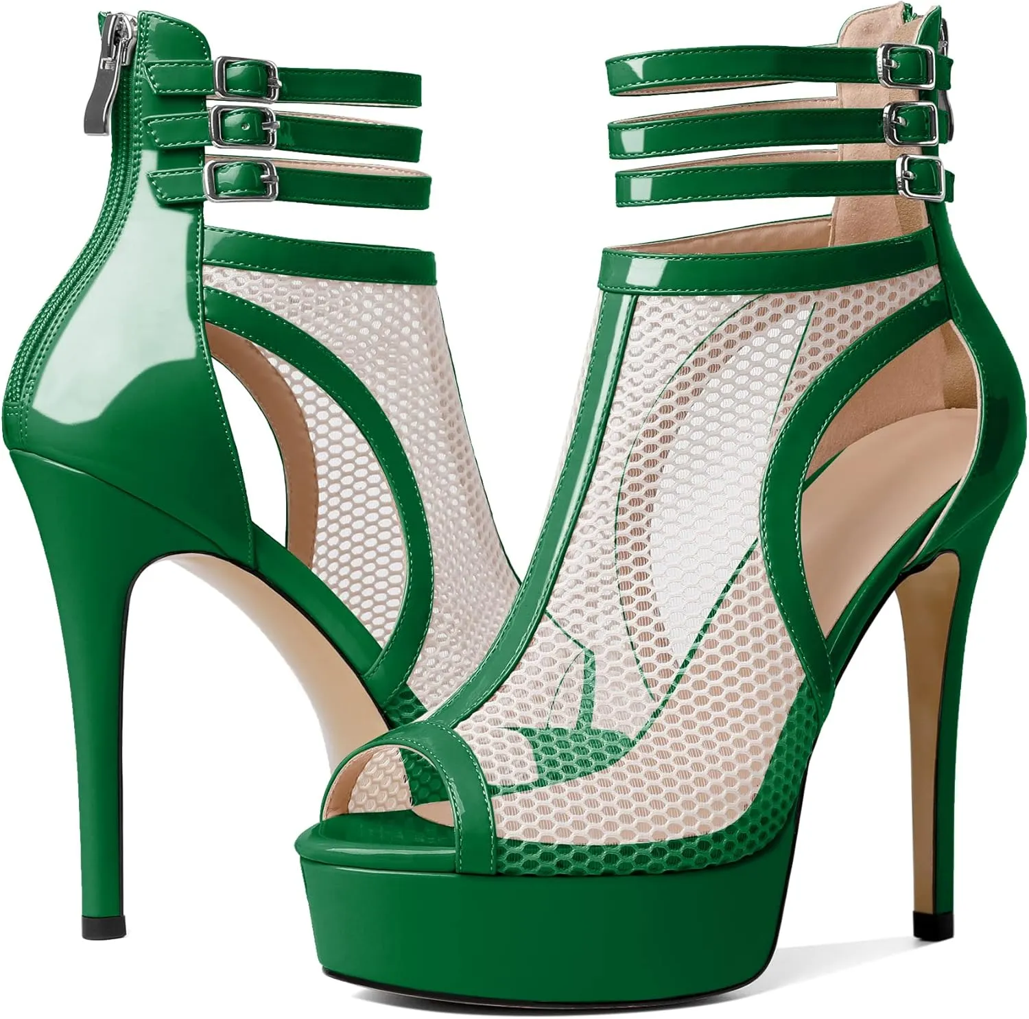 Joseywade Women Mesh Fishnet Dance Heels Peep Toe Booties Sexy Summer Boots Platform Stiletto High Heels Shoes With Zipper
