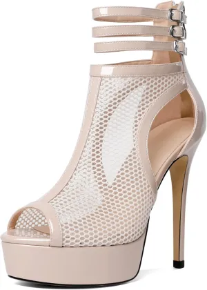 Joseywade Women Mesh Fishnet Dance Heels Peep Toe Booties Sexy Summer Boots Platform Stiletto High Heels Shoes With Zipper