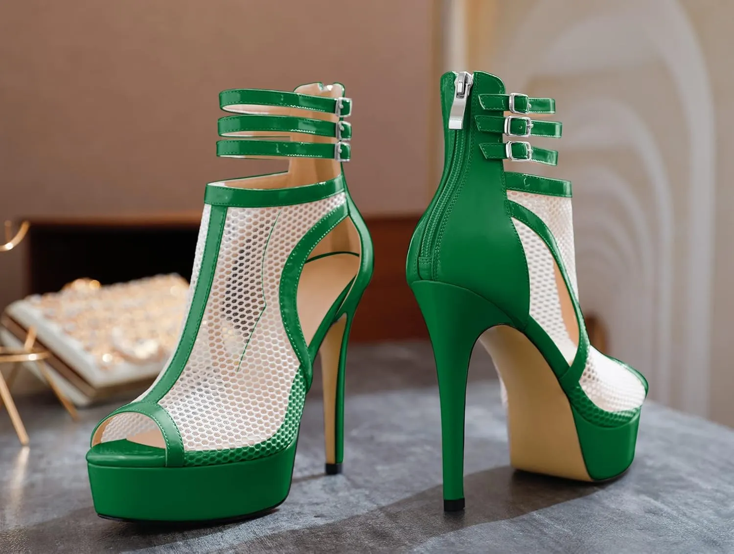 Joseywade Women Mesh Fishnet Dance Heels Peep Toe Booties Sexy Summer Boots Platform Stiletto High Heels Shoes With Zipper