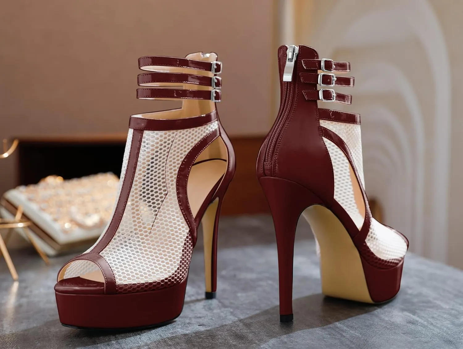 Joseywade Women Mesh Fishnet Dance Heels Peep Toe Booties Sexy Summer Boots Platform Stiletto High Heels Shoes With Zipper