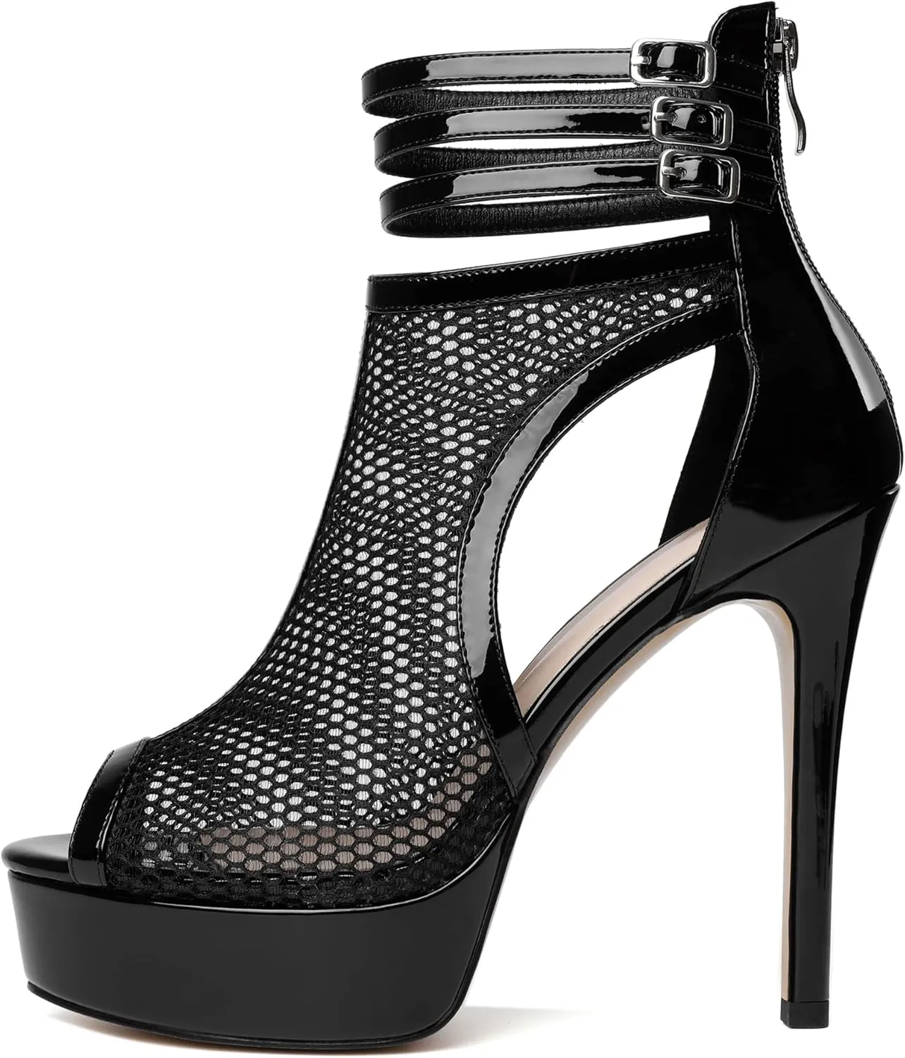 Joseywade Women Mesh Fishnet Dance Heels Peep Toe Booties Sexy Summer Boots Platform Stiletto High Heels Shoes With Zipper