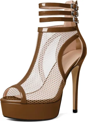 Joseywade Women Mesh Fishnet Dance Heels Peep Toe Booties Sexy Summer Boots Platform Stiletto High Heels Shoes With Zipper