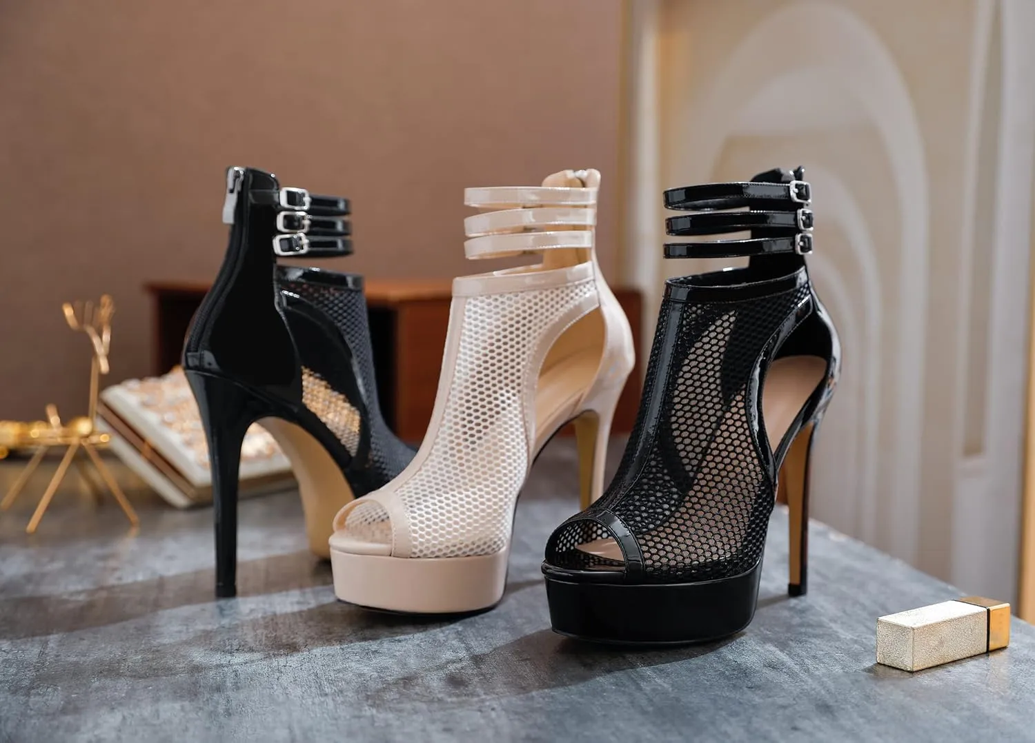 Joseywade Women Mesh Fishnet Dance Heels Peep Toe Booties Sexy Summer Boots Platform Stiletto High Heels Shoes With Zipper