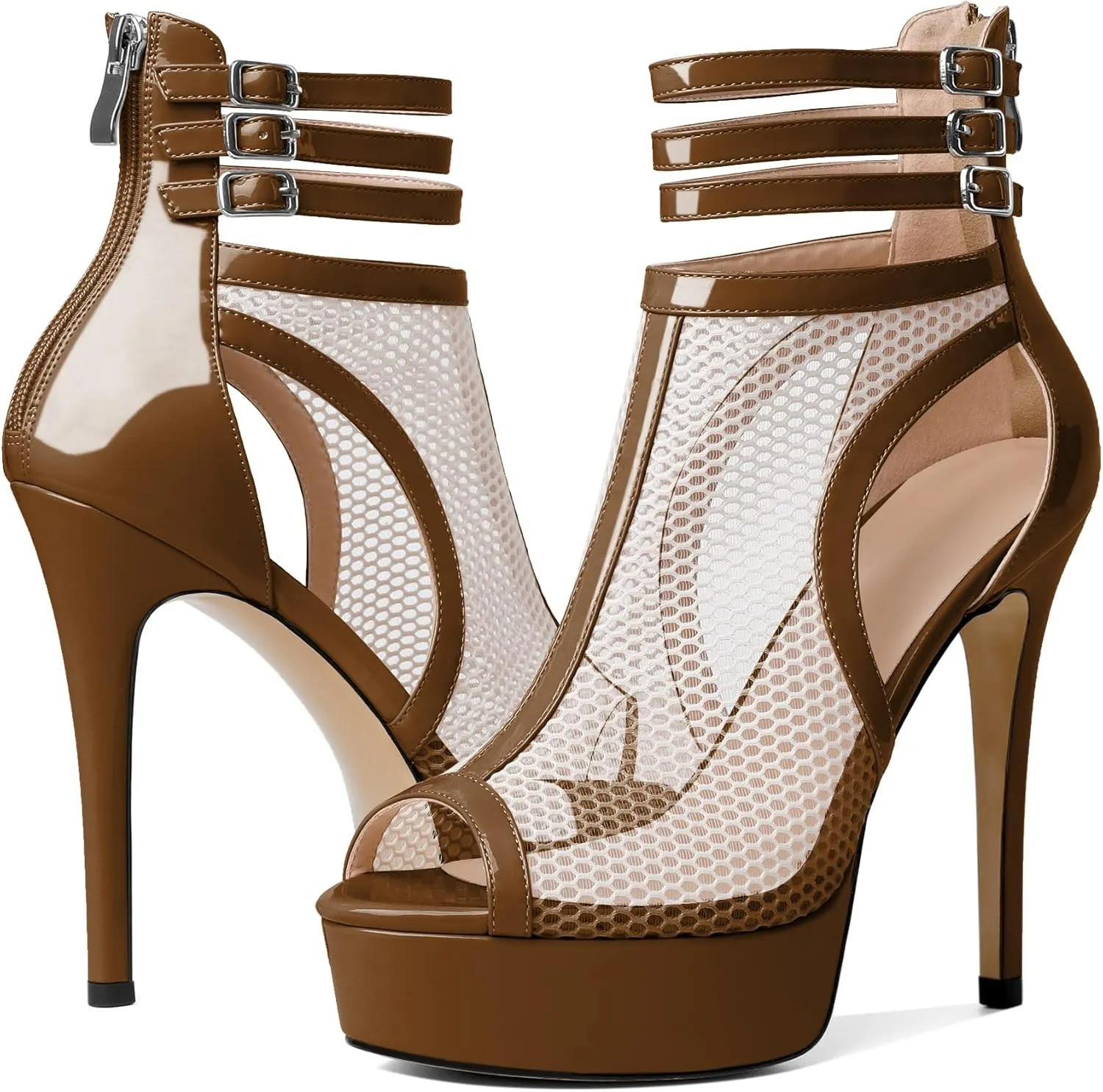 Joseywade Women Mesh Fishnet Dance Heels Peep Toe Booties Sexy Summer Boots Platform Stiletto High Heels Shoes With Zipper