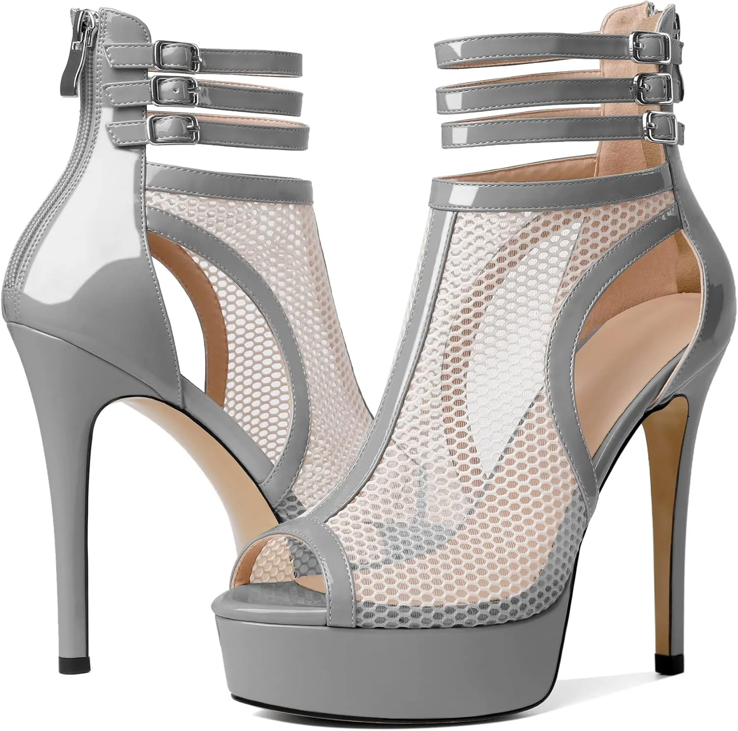 Joseywade Women Mesh Fishnet Dance Heels Peep Toe Booties Sexy Summer Boots Platform Stiletto High Heels Shoes With Zipper
