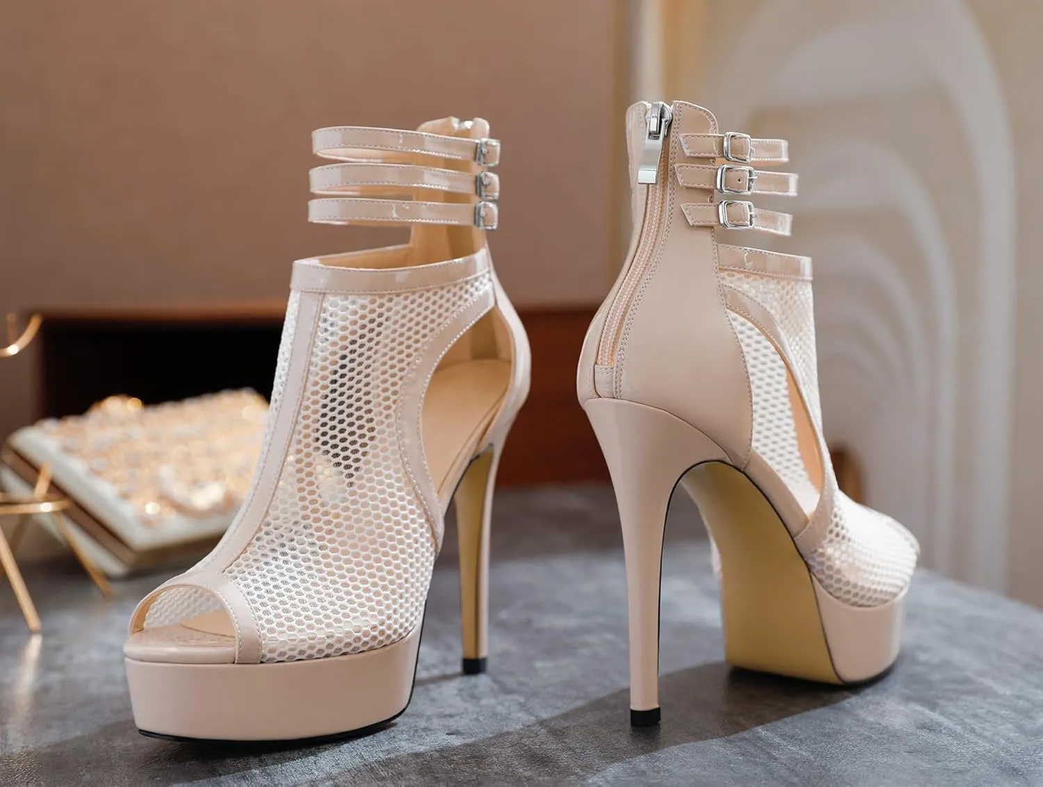 Joseywade Women Mesh Fishnet Dance Heels Peep Toe Booties Sexy Summer Boots Platform Stiletto High Heels Shoes With Zipper