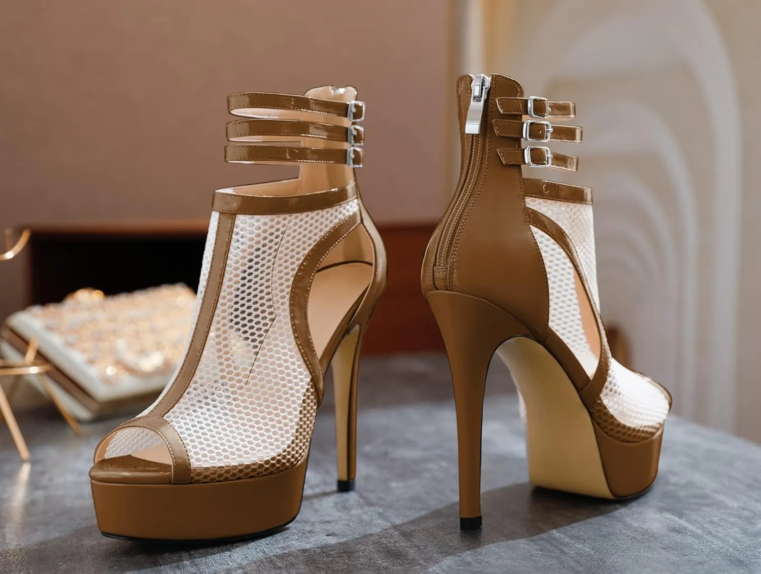 Joseywade Women Mesh Fishnet Dance Heels Peep Toe Booties Sexy Summer Boots Platform Stiletto High Heels Shoes With Zipper